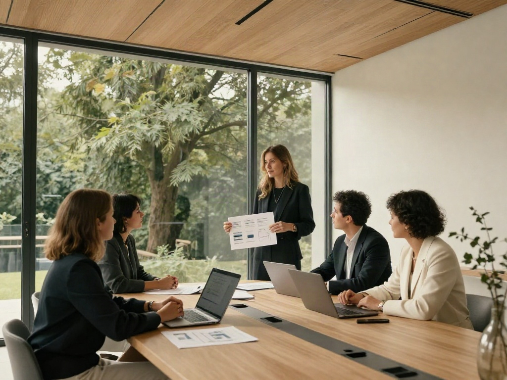 Consultants discussing performance charts and strategic priorities around a meeting table
